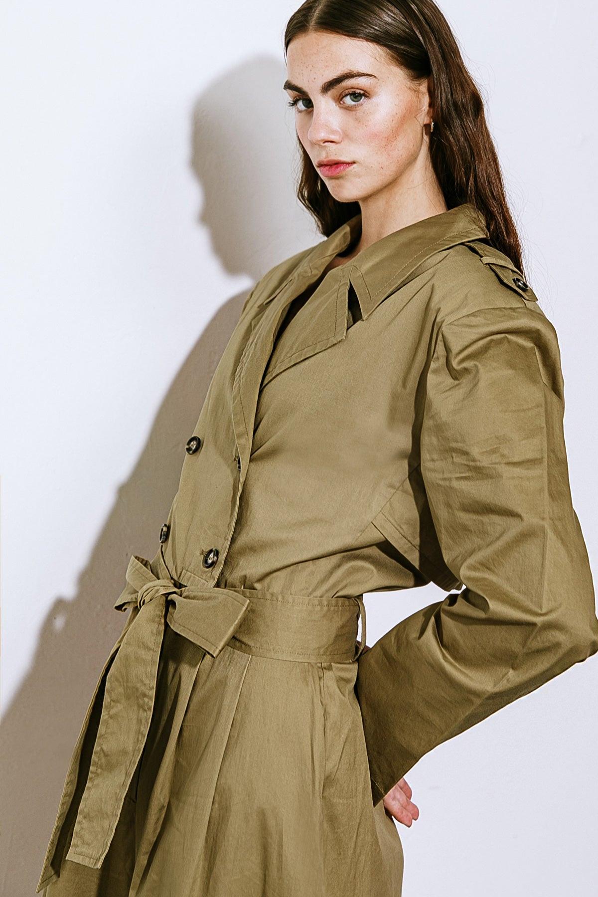 Sounds In My Mind Woven Jumpsuit With Trench Coat Top Long Sleeve Wide Leg