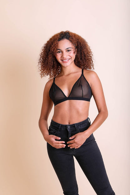 Leto Collection sheer mesh bralette in black with adjustable straps and a stylish design
