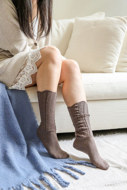 Leto Collection shell stitch crew socks in brown, perfect for cozy and stylish outfits