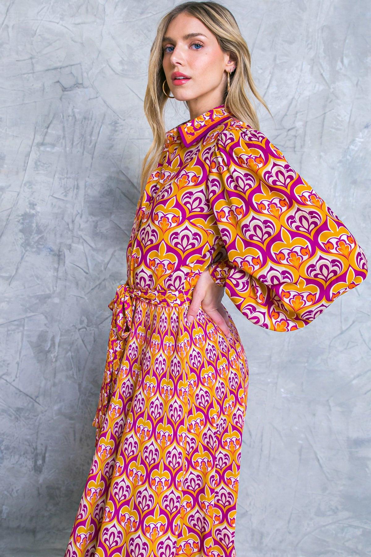 Lifetime Celebrations Printed Woven Shirt Dress With Long Sleeve Self Tie Waist