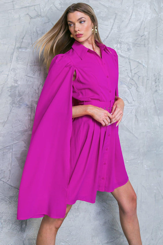 My Secret Style Woven Mini Dress With Capelet And Shirt Collar