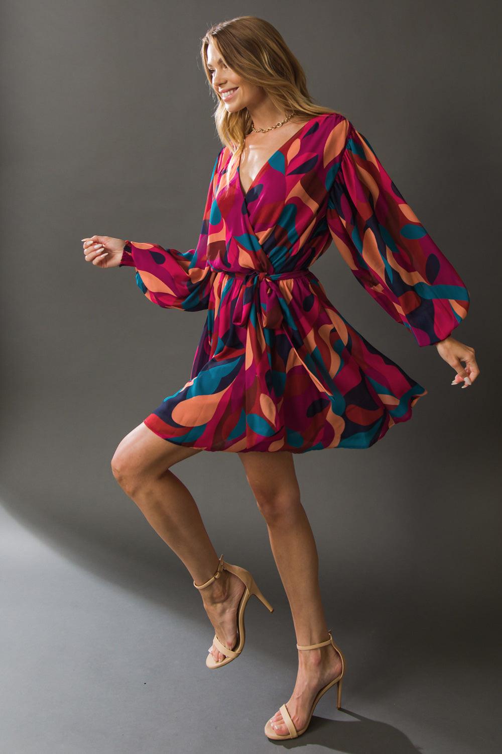 Boston Getaway Woven Mini Dress Surplice Neckline Elasticized Waist Self Tie