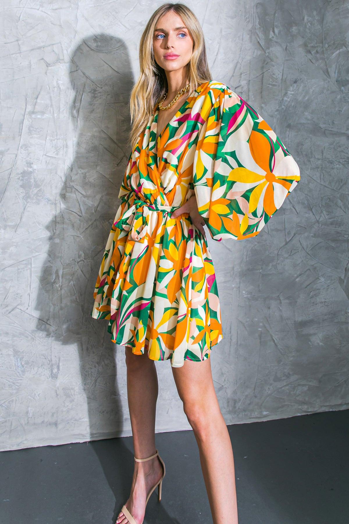 Daring Heart Printed Woven Mini Dress With Surplice Neckline And Ruffled Hem