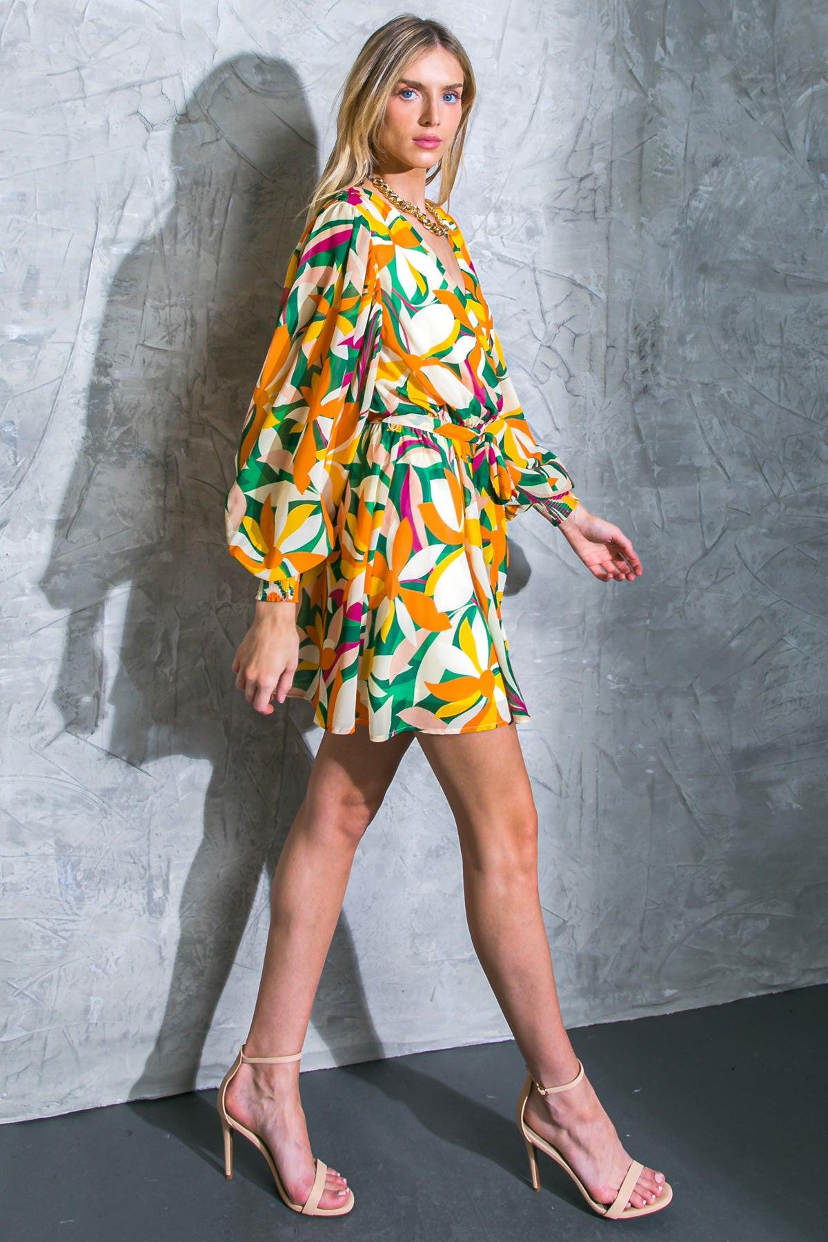 Daring Heart Printed Woven Mini Dress With Surplice Neckline And Ruffled Hem
