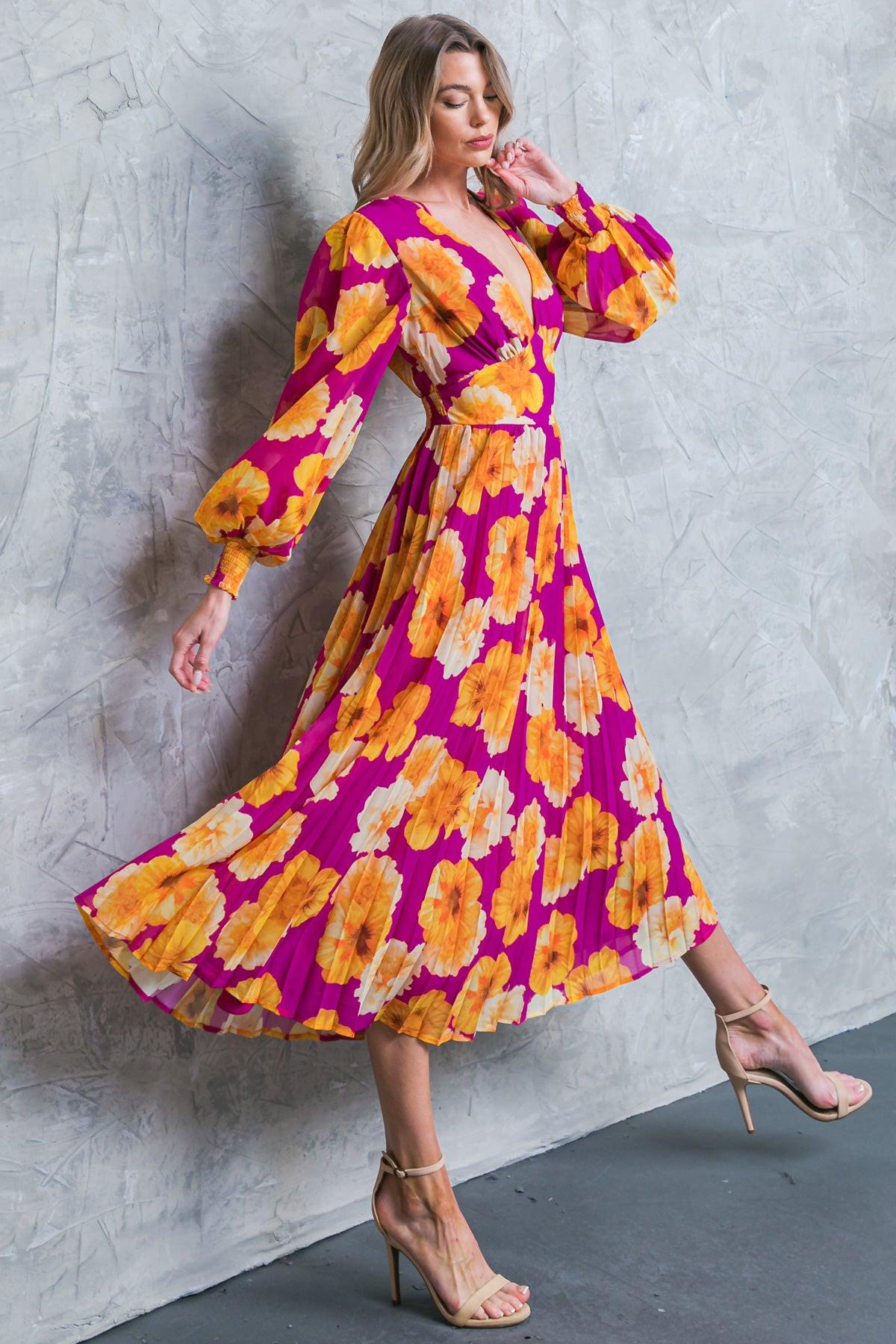 Floral Woven Midi Dress With V Neckline And Smocked Details