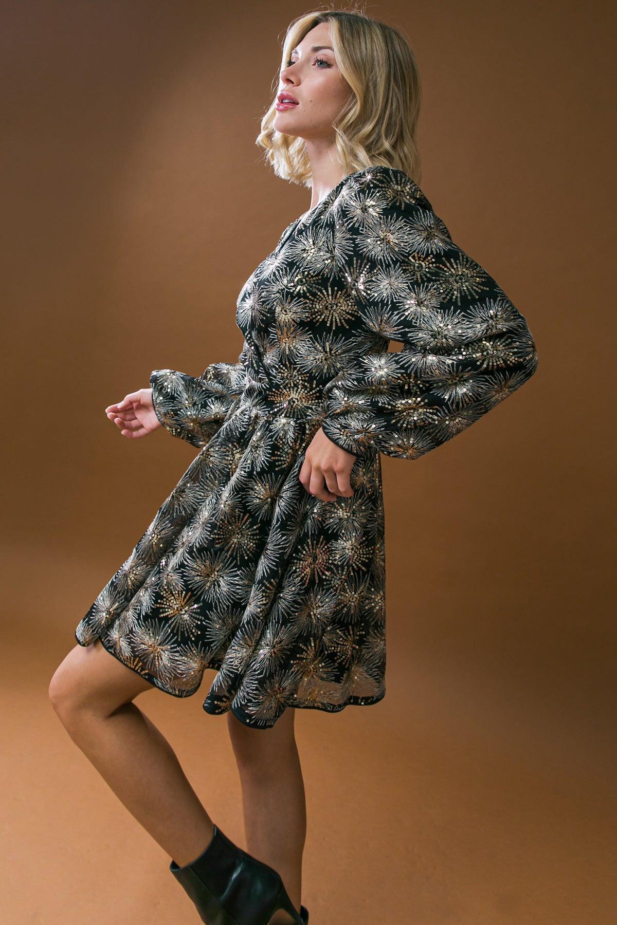 Sequined Mini Dress With Surplice Neckline And Puff Sleeves