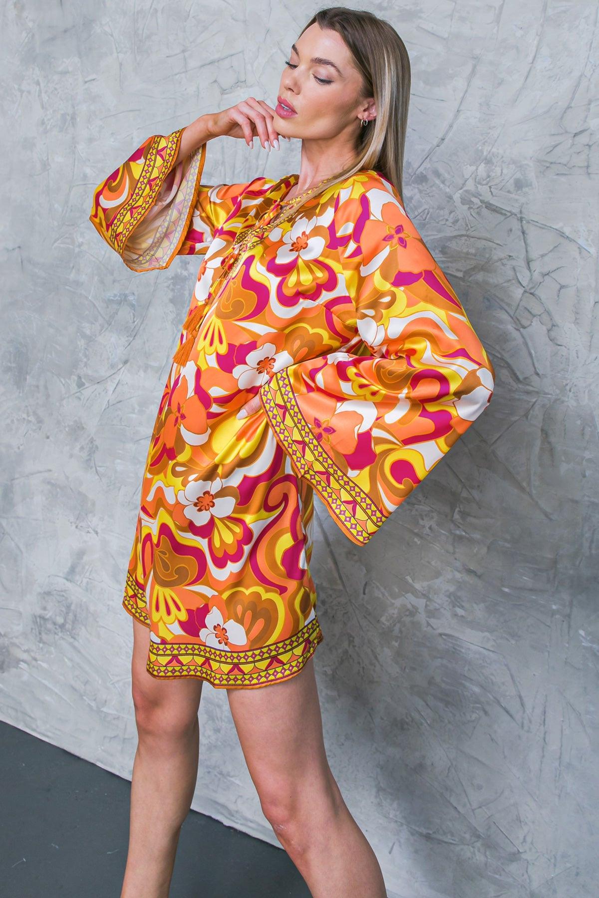 Caught Feelings Woven Mini Dress With V Neck Tie Tassel And Bell Sleeves