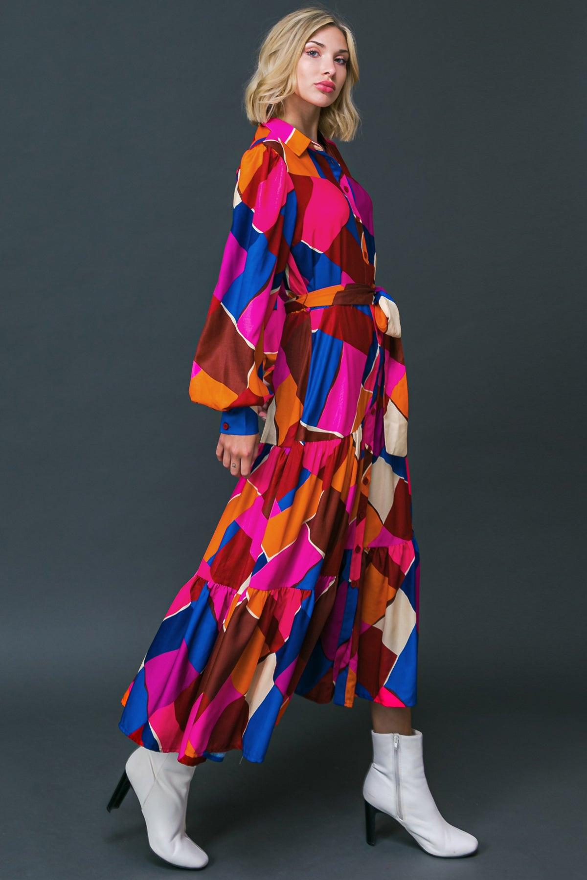 Wise Woman Printed Woven Midi Dress With Shirt Collar And Tiered Skirt
