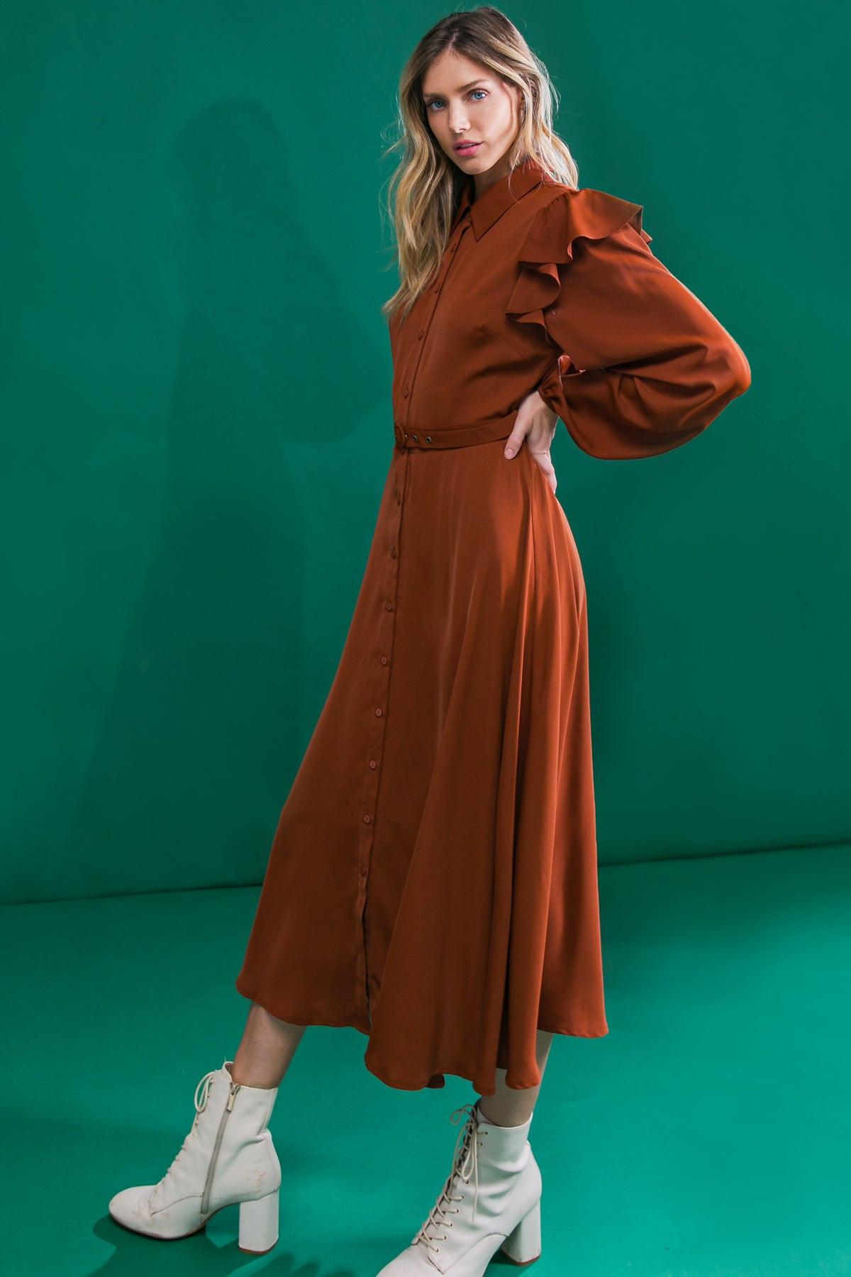 Brown Woven Midi Dress With Shirt Collar Self Belt And Ruffled Shoulders
