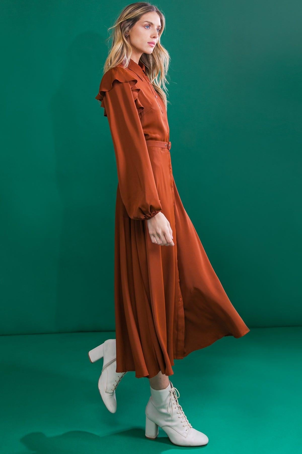 Brown Woven Midi Dress With Shirt Collar Self Belt And Ruffled Shoulders