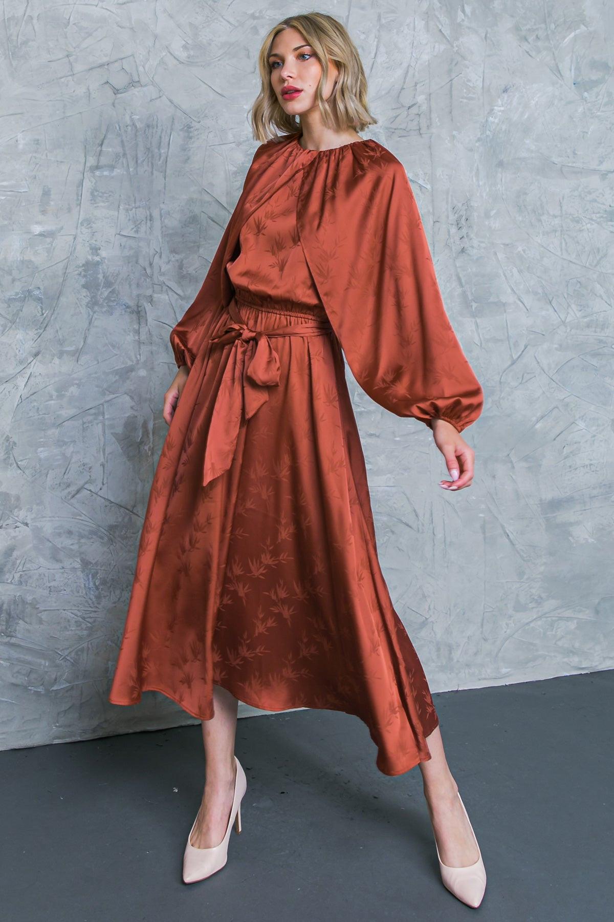 Progress Over Perfection Satin Midi Dress With Jacquard Satin Round Neckline