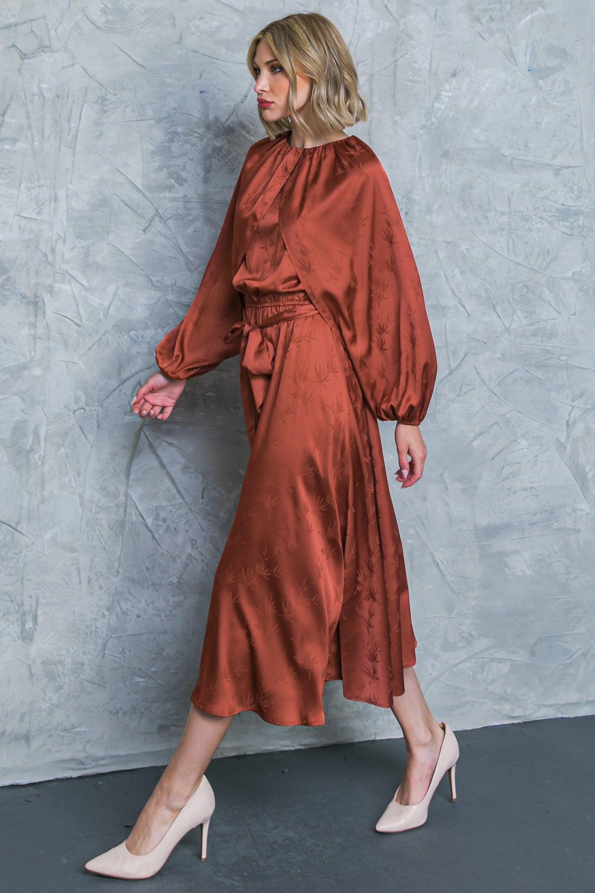 Progress Over Perfection Satin Midi Dress With Jacquard Satin Round Neckline