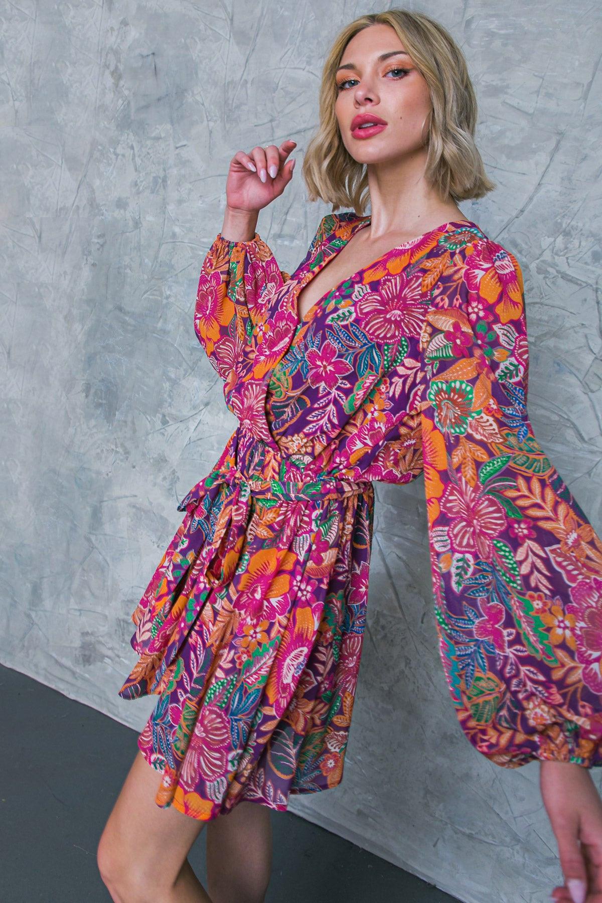 Picking Daisies Plum Printed Woven Mini Dress Featuring Surplice Neckline