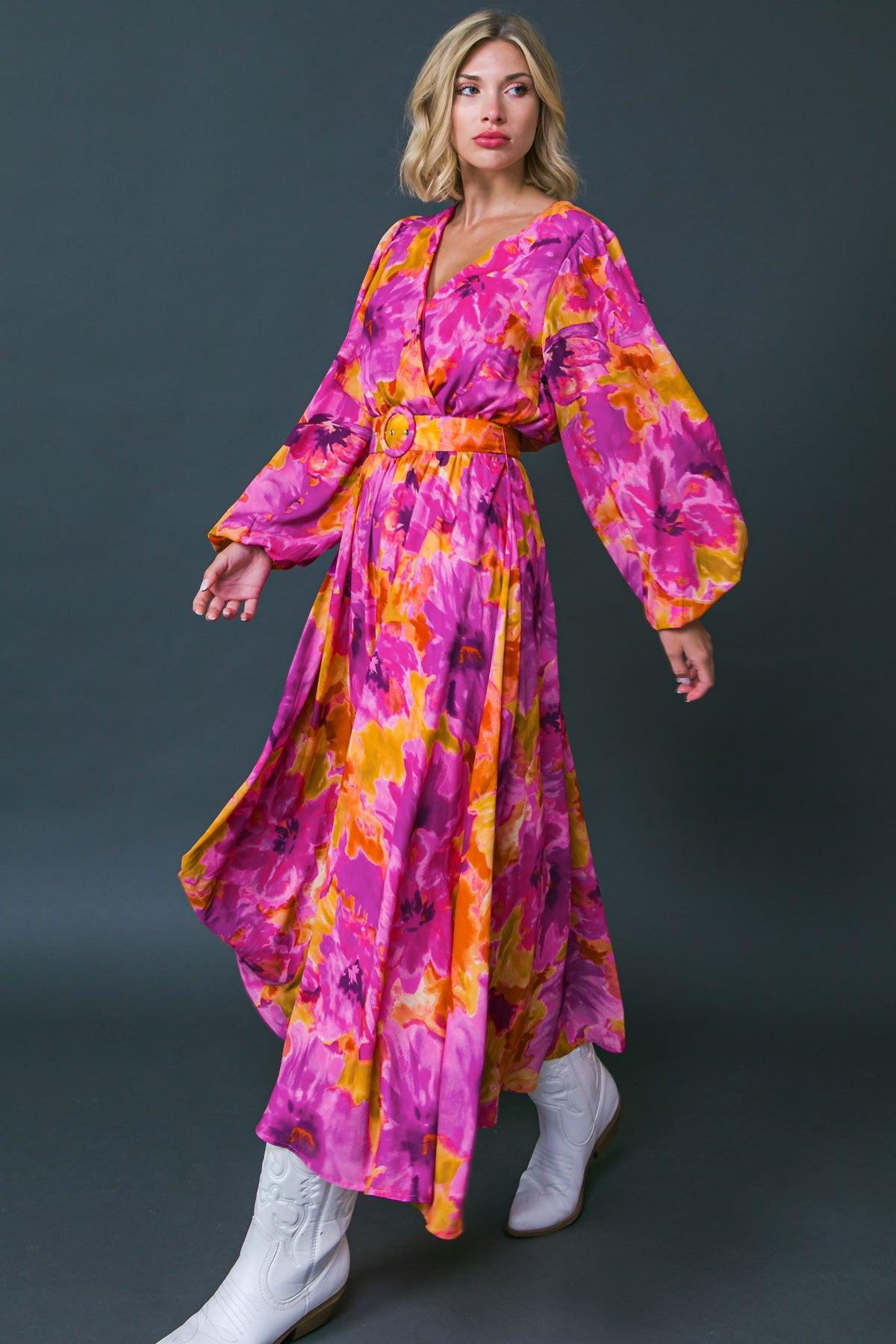Just Watch Me Printed Woven Midi Dress With Surplice Neckline And Puff Sleeves