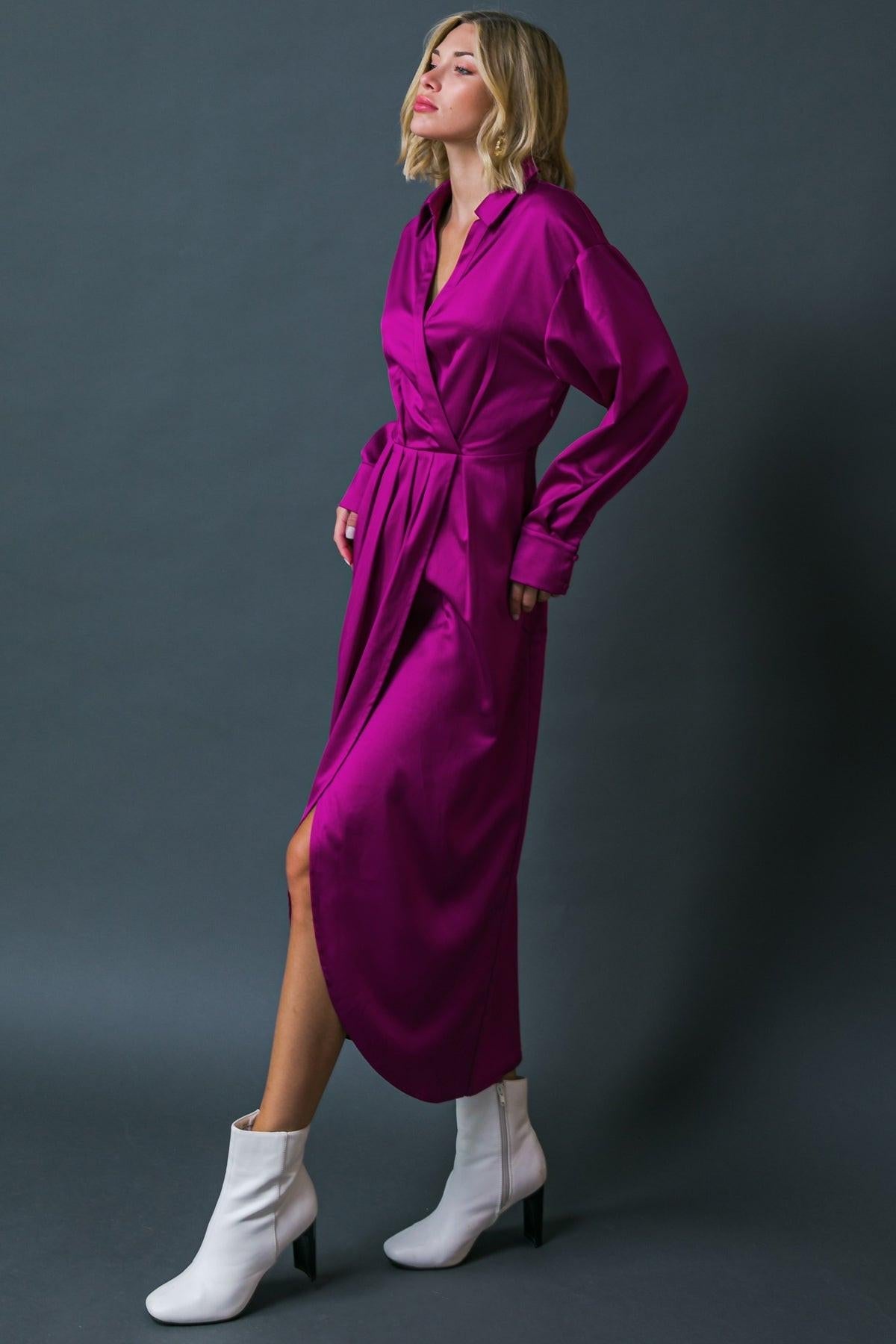 Too Good To Be True Woven Midi Dress With Surplice Neckline And Front Pleats