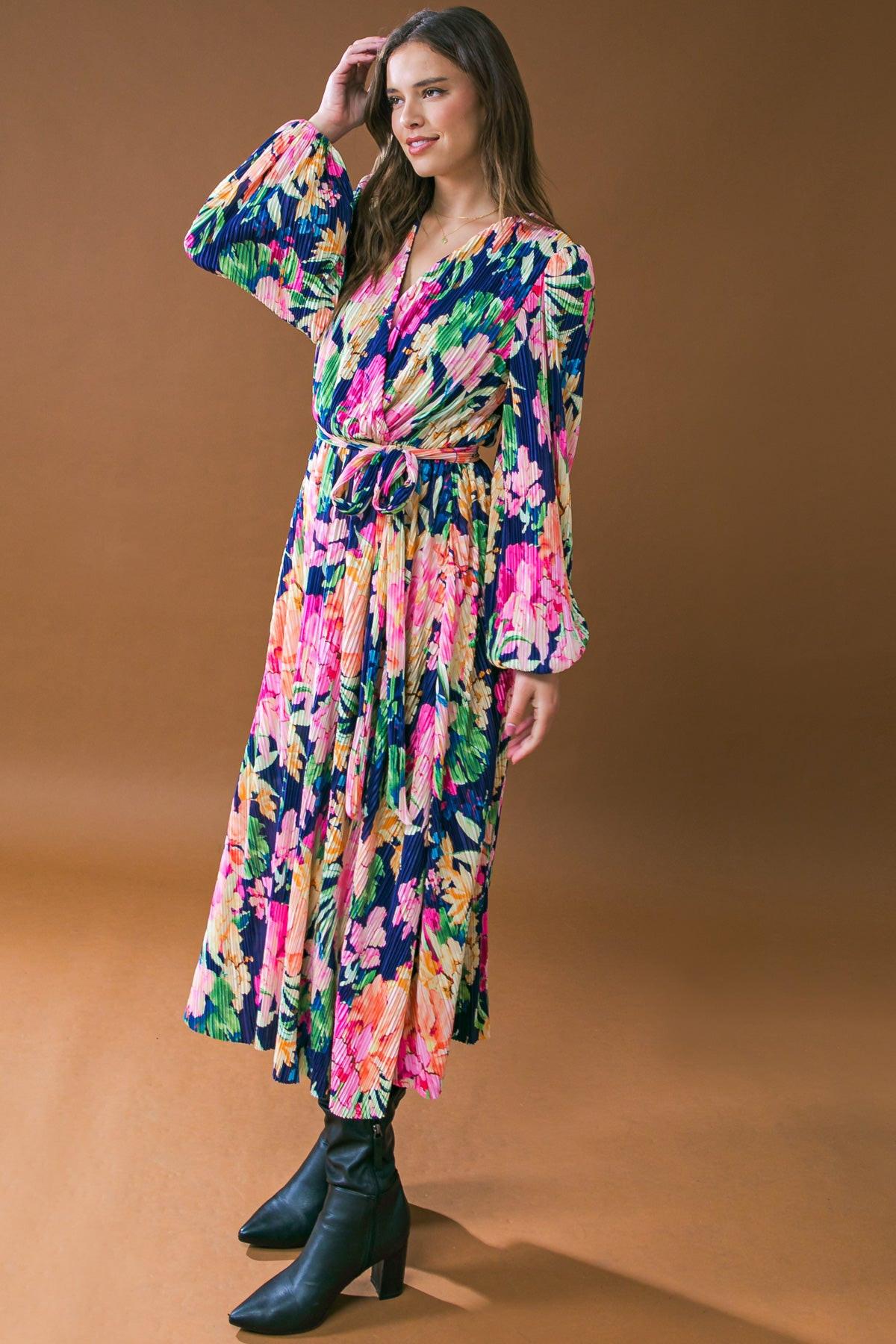 Breathtaking Moment Printed Plisse Midi Dress Surplice Neckline Long Sleeve