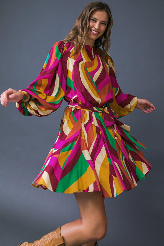 Keep On Moving Printed Woven Mini Dress With Elasticized Waist Self Sash Tie
