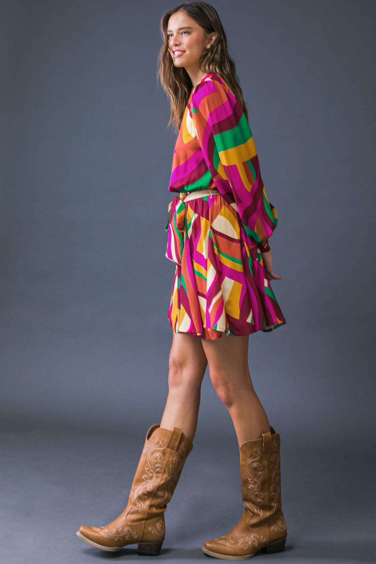 Keep On Moving Printed Woven Mini Dress With Elasticized Waist Self Sash Tie