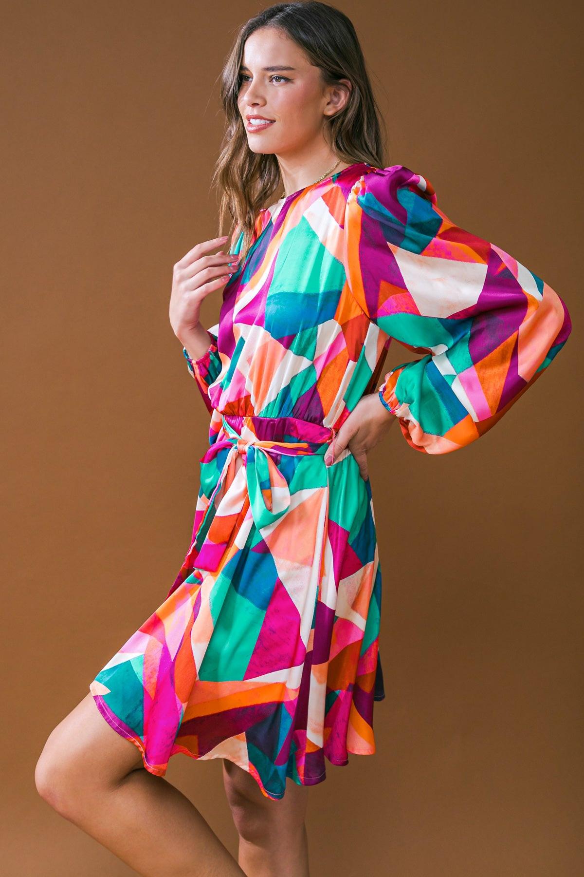 Woven Mini Dress Round Neckline Long Sleeves A Line Skirt With Back Zipper