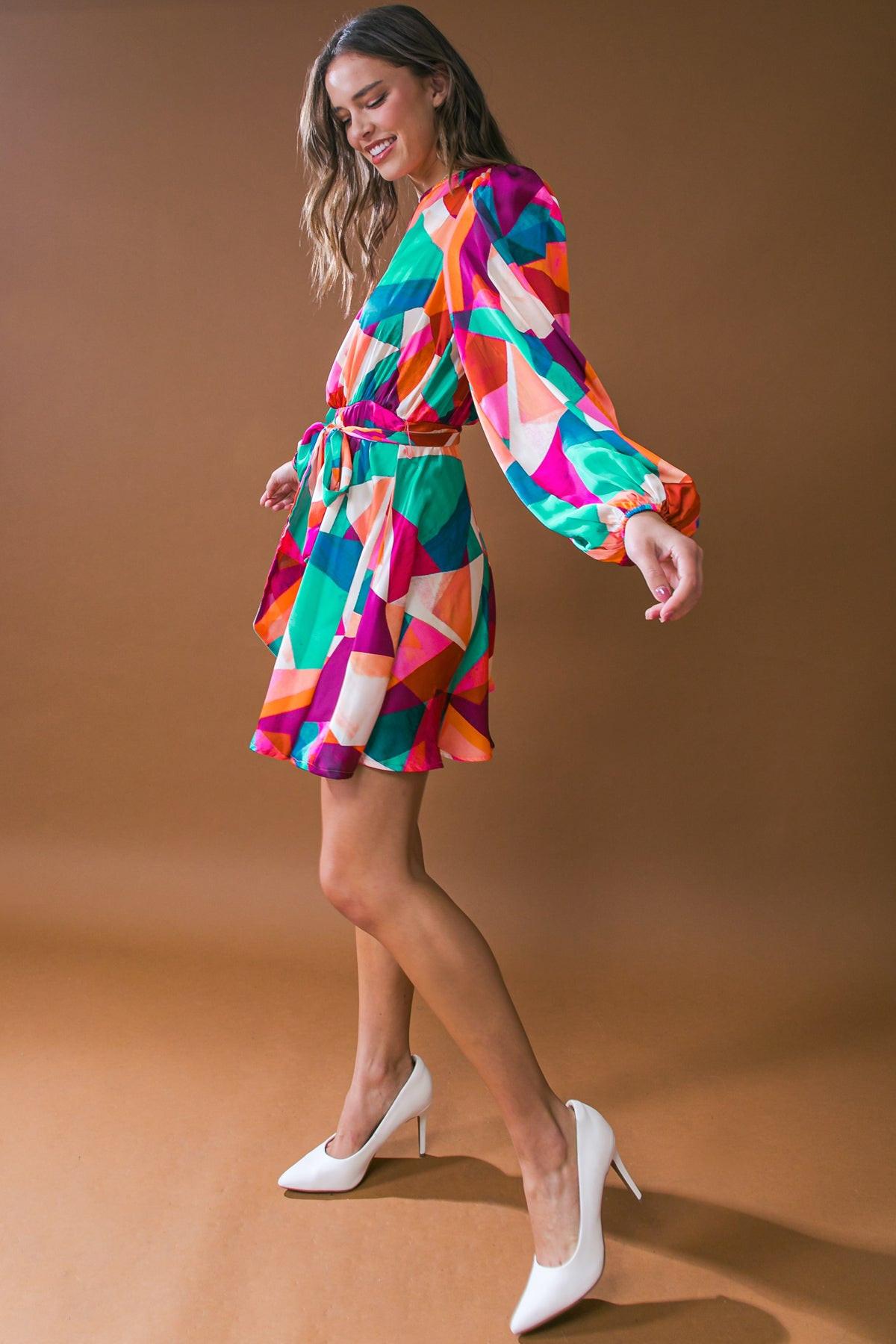 Woven Mini Dress Round Neckline Long Sleeves A Line Skirt With Back Zipper