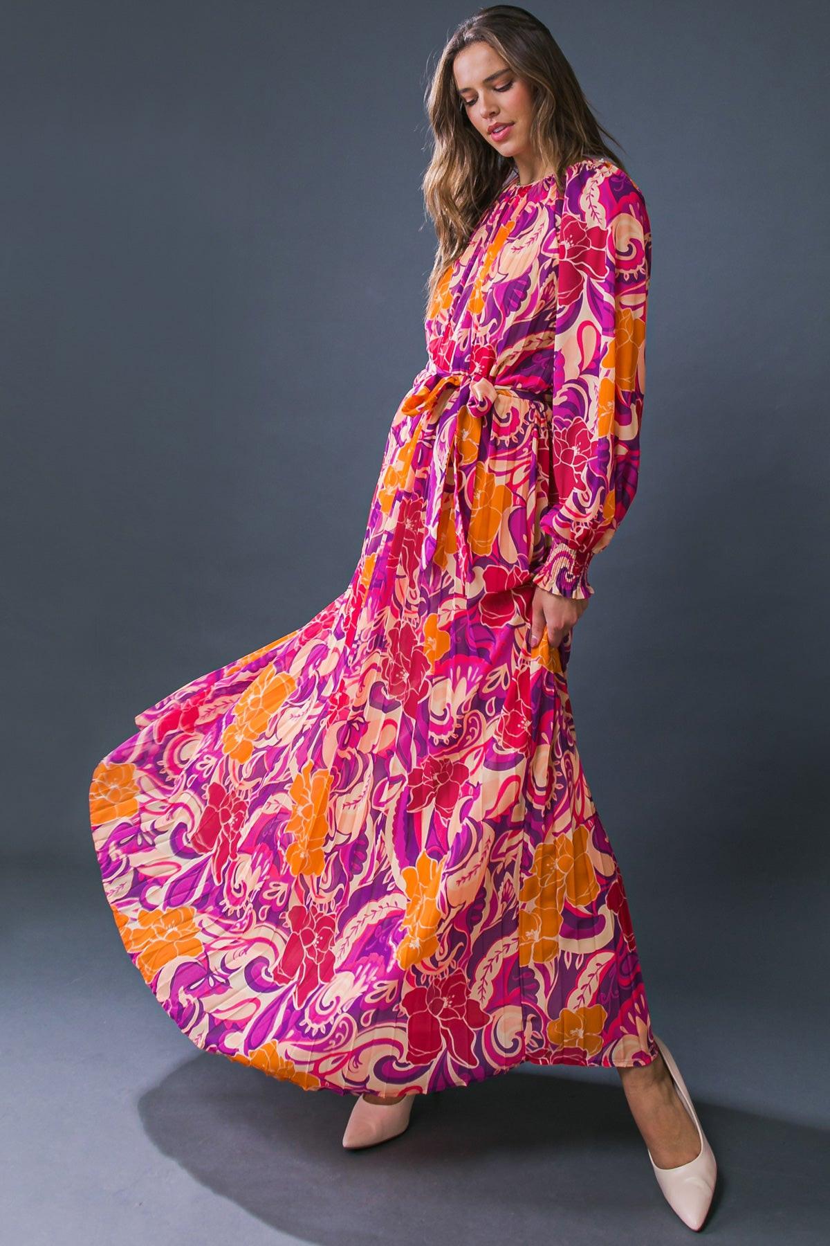 Changing Locations Printed Woven Maxi Dress Round Neckline Smocked Cuff Sleeves