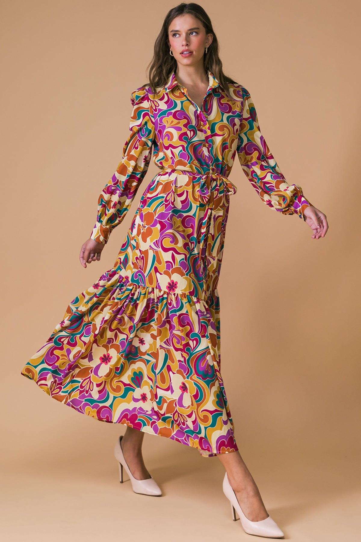Printed Woven Midi Dress With Shirt Collar And Long Sleeves