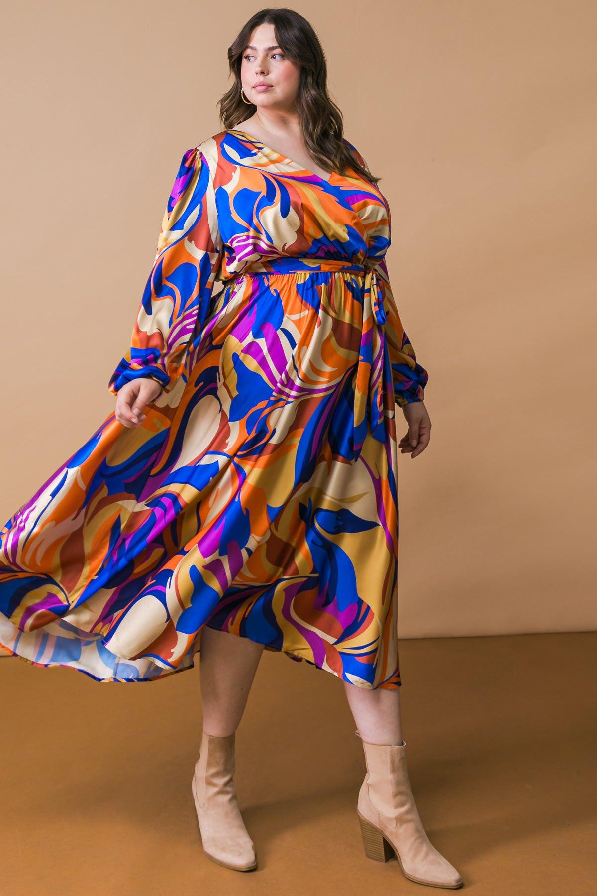 Bold Adventures Woven Satin Midi Dress With Surplice Neckline And Puff Sleeves