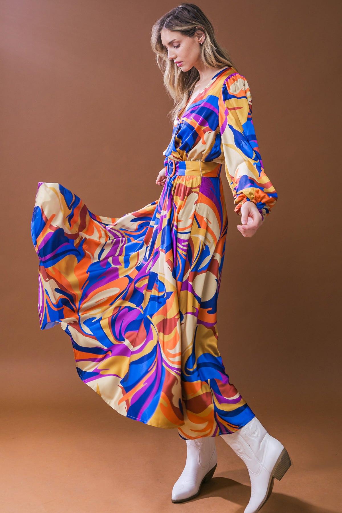 Bold Adventures Woven Satin Midi Dress With Surplice Neckline And Puff Sleeves