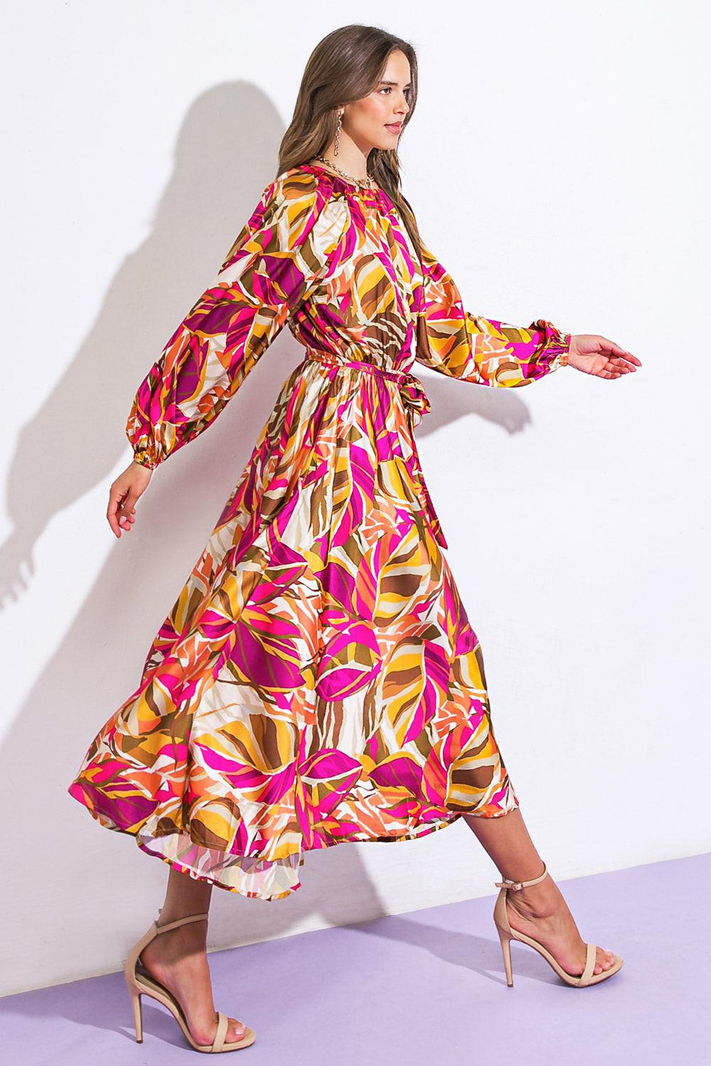 Printed Woven Midi Dress With Round Neckline And Elasticized Waist With Self Tie