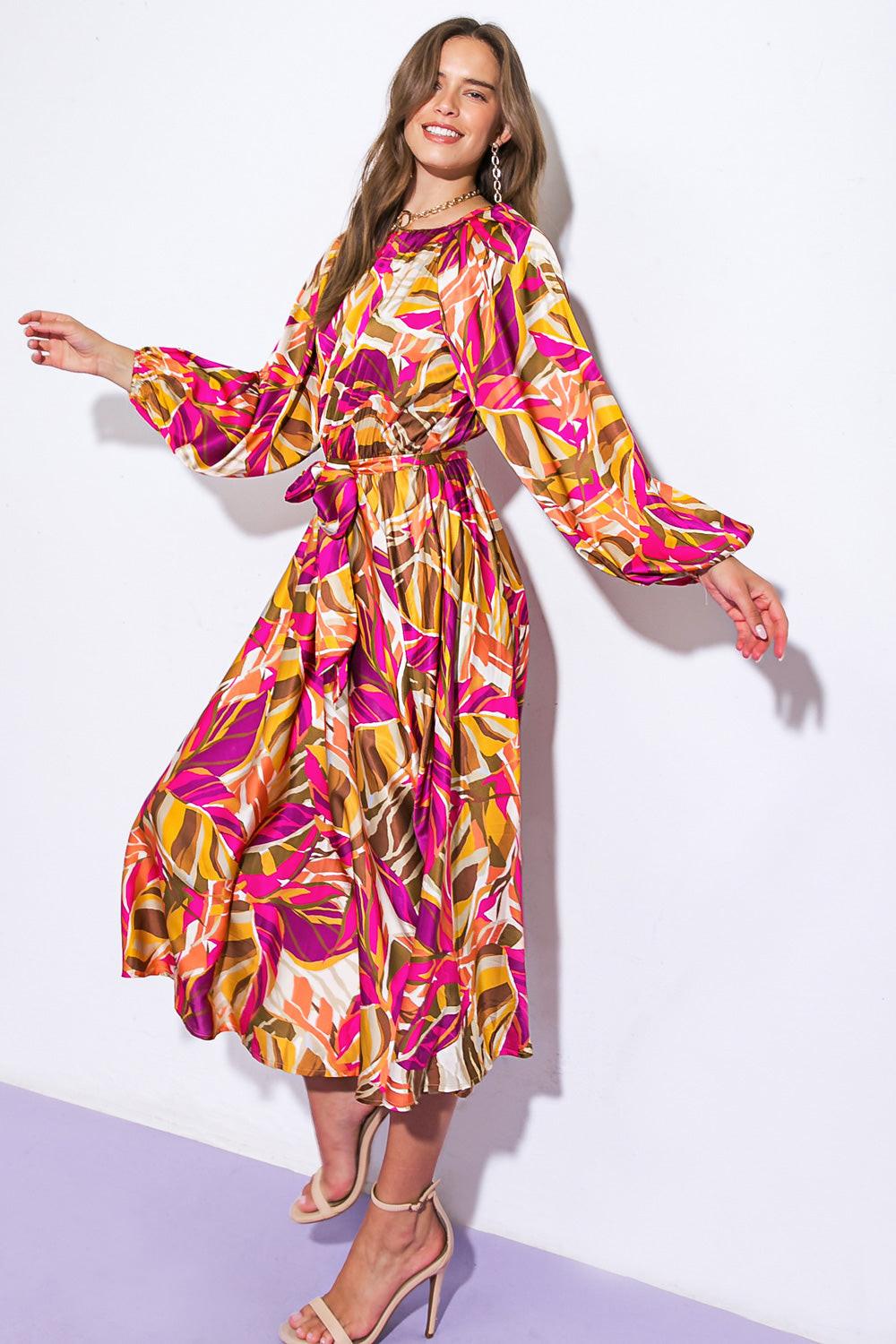 Printed Woven Midi Dress With Round Neckline And Elasticized Waist With Self Tie