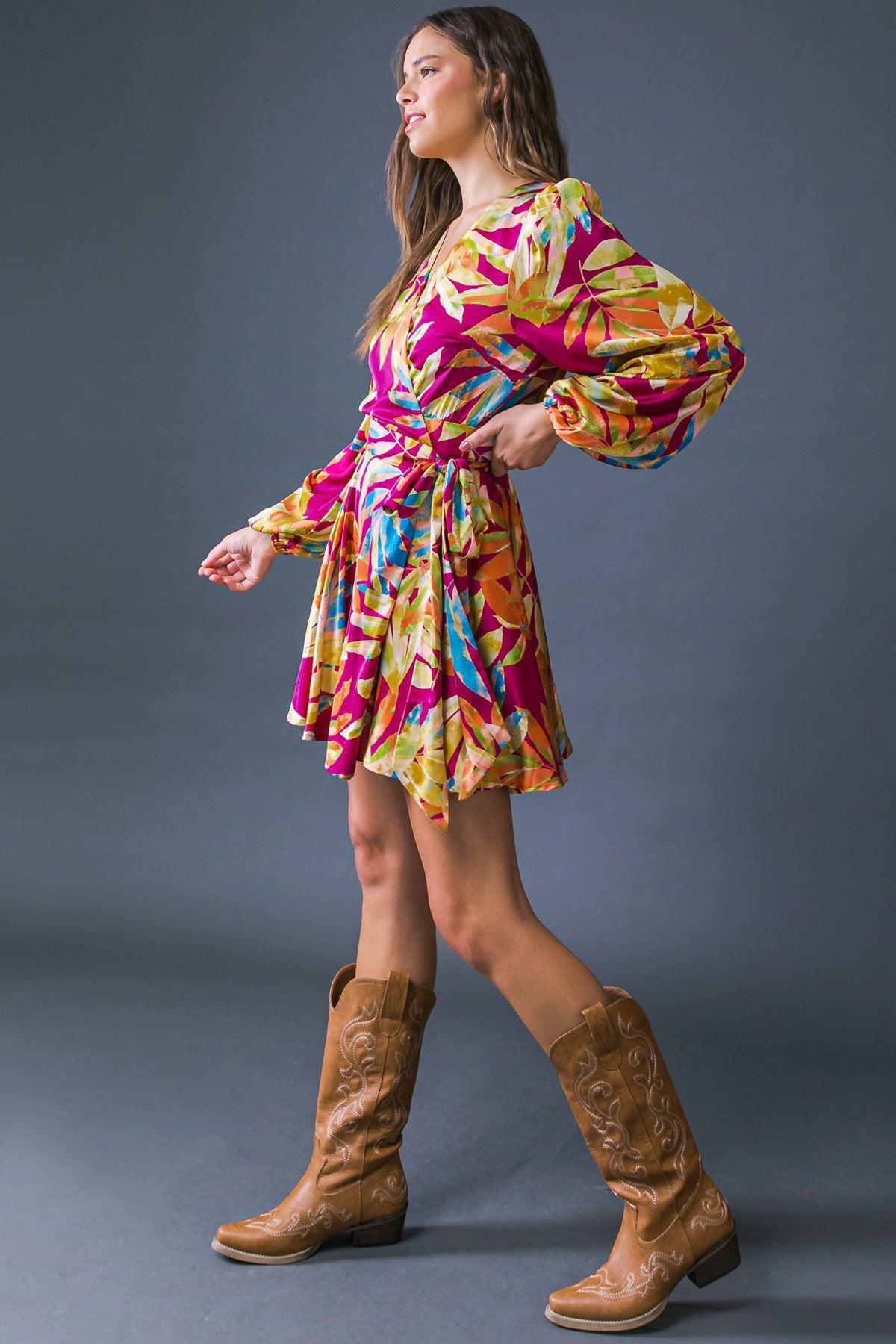 All Fall Long Printed Woven Mini Dress Surplice Neckline Long Sleeve Wrap Skirt