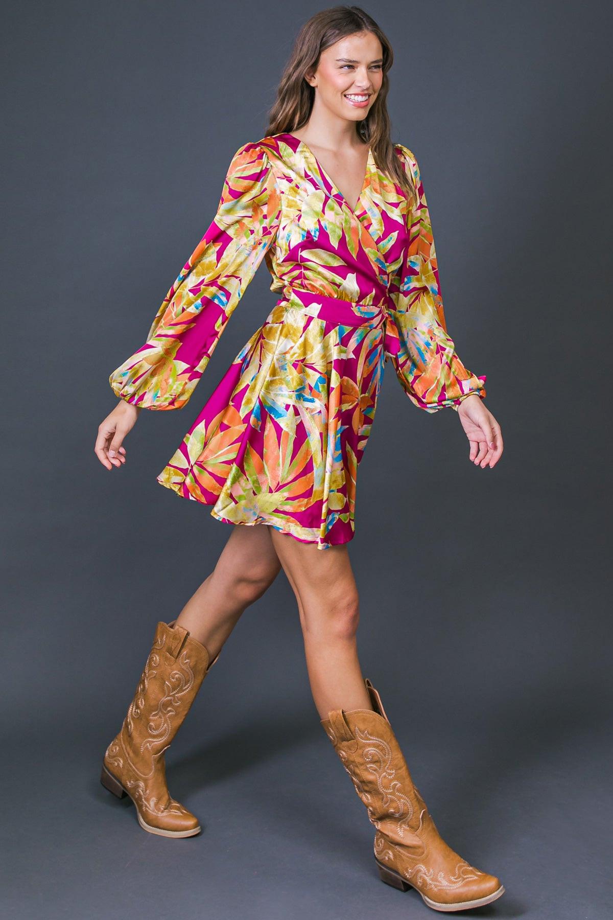 All Fall Long Printed Woven Mini Dress Surplice Neckline Long Sleeve Wrap Skirt