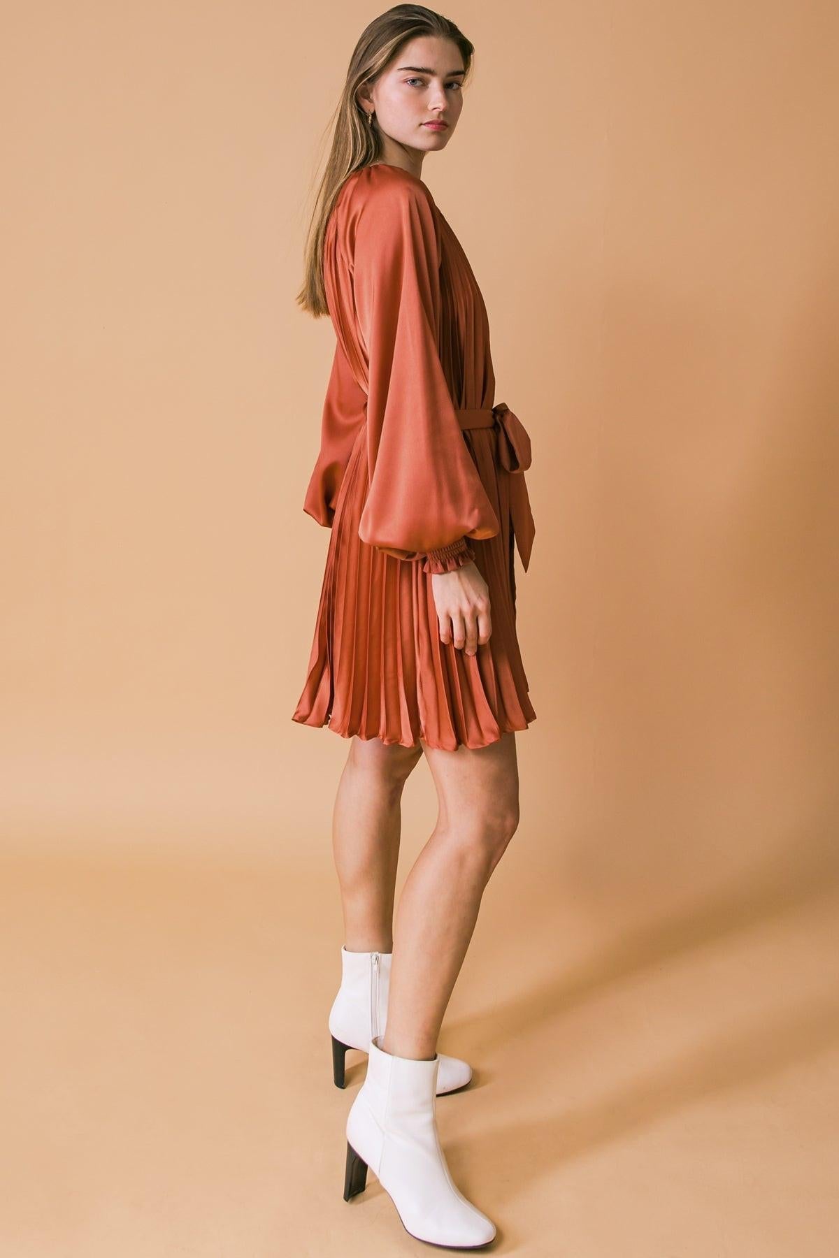 All Fall Long Woven Mini Dress With Round Neckline And Sash Tie