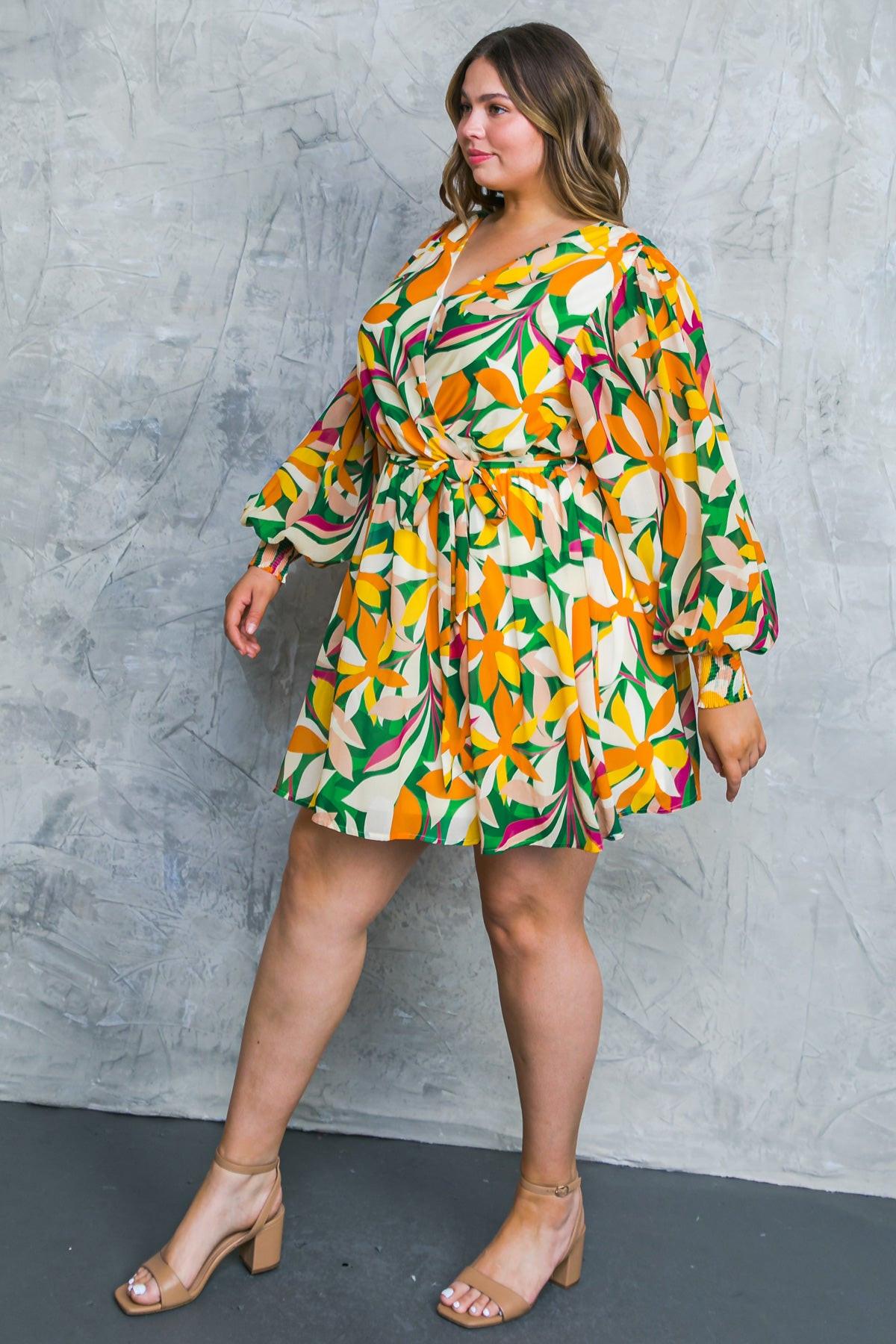 Daring Heart Printed Woven Mini Dress With Surplice Neckline And Ruffled Hem