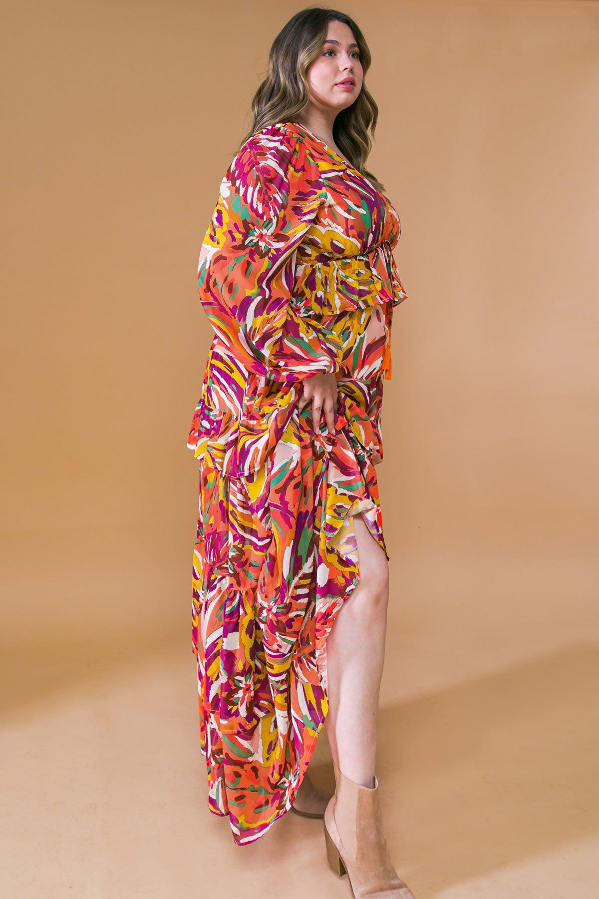 Wonderful Soul Woven Maxi Dress With V Neck Elastic Waist And Long Sleeves