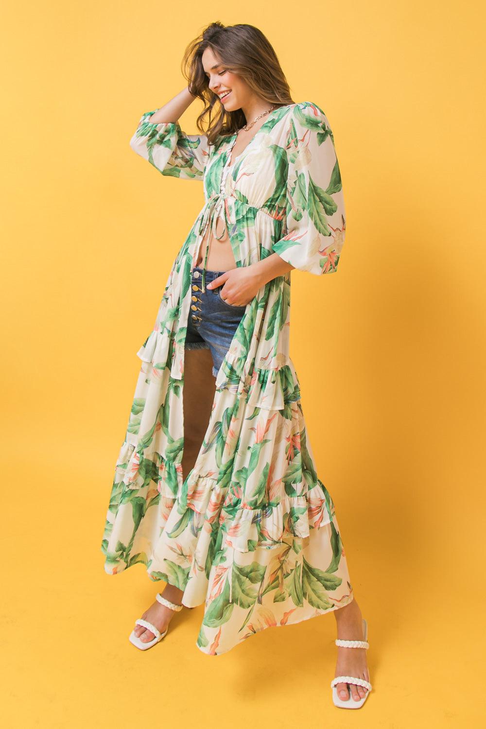 Easy Days Floral Maxi Kimono Top Long Sleeve Boho Chic With Front Tie