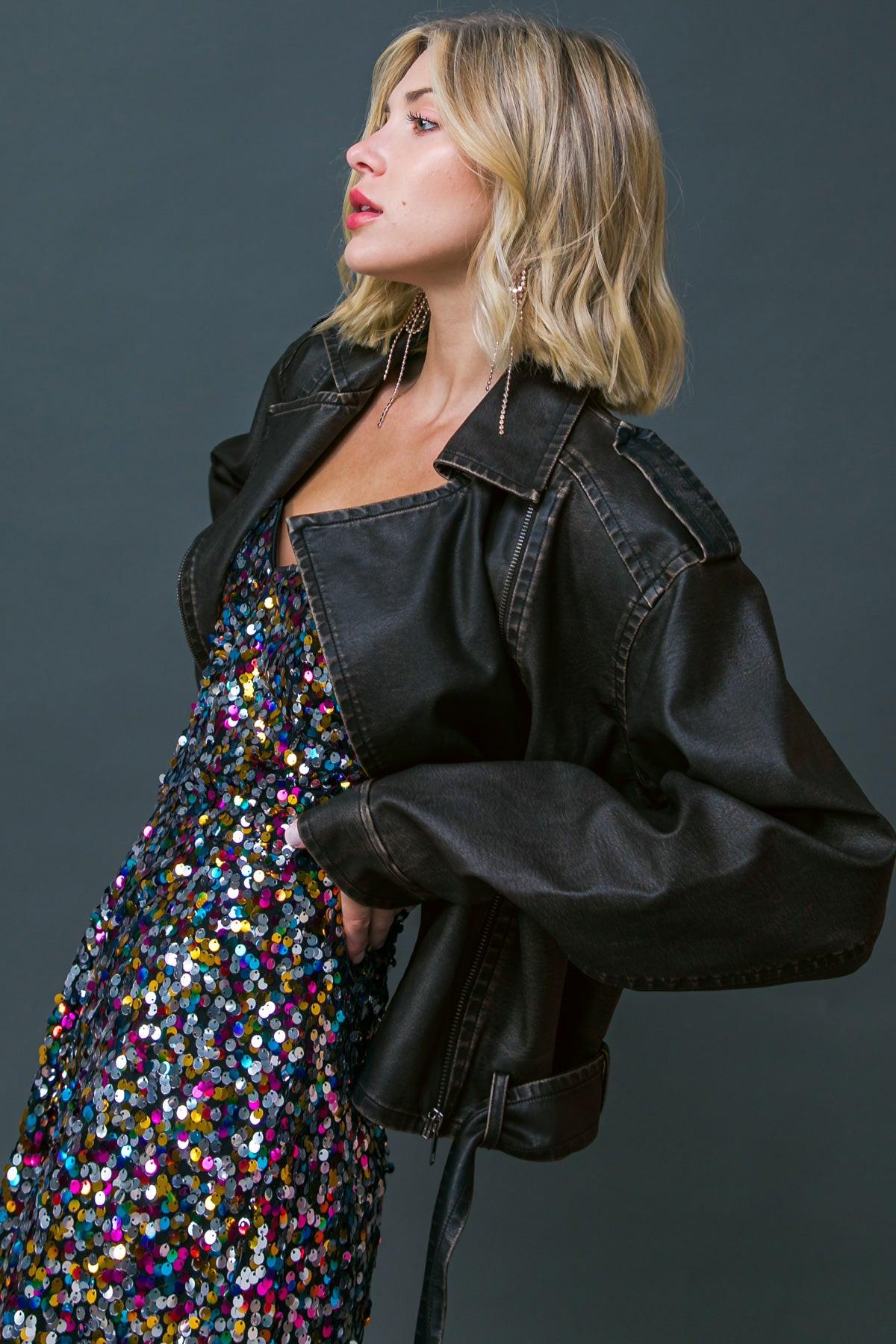 On My Way Up Faux Moto Jacket With Front Zipper Long Sleeve Self Belt