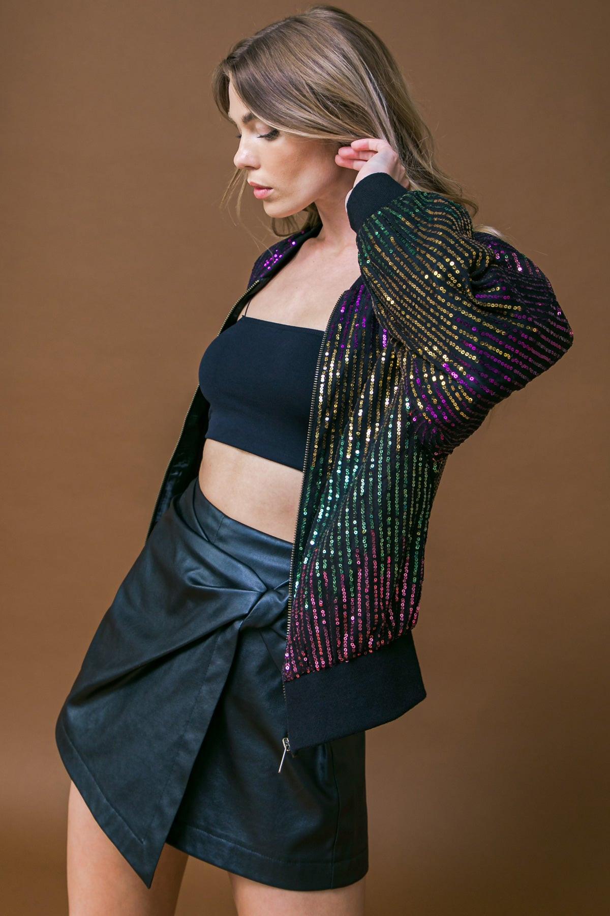 Entertain Me Sequins Bomber Jacket With Ribbed Collar And Zipper