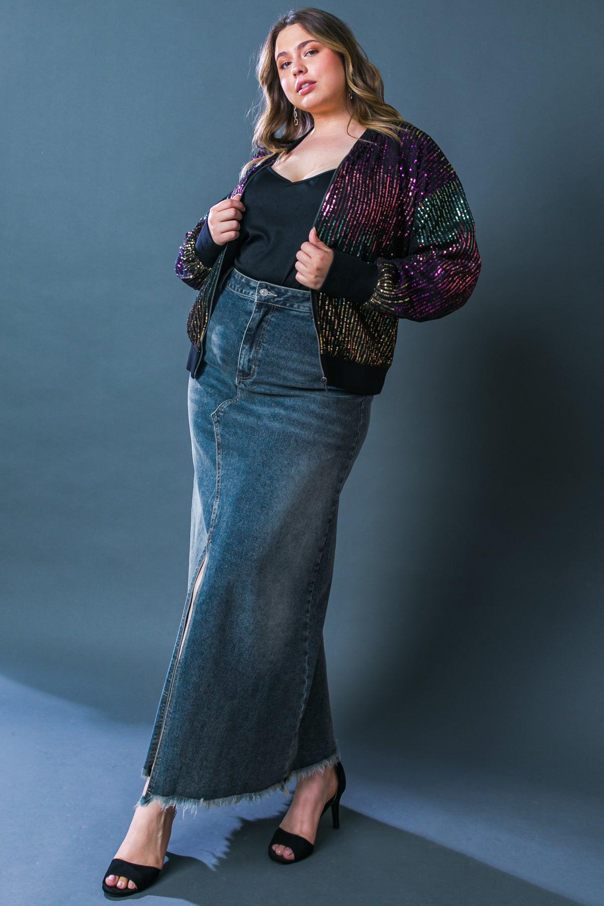 Entertain Me Sequins Bomber Jacket With Ribbed Collar And Zipper