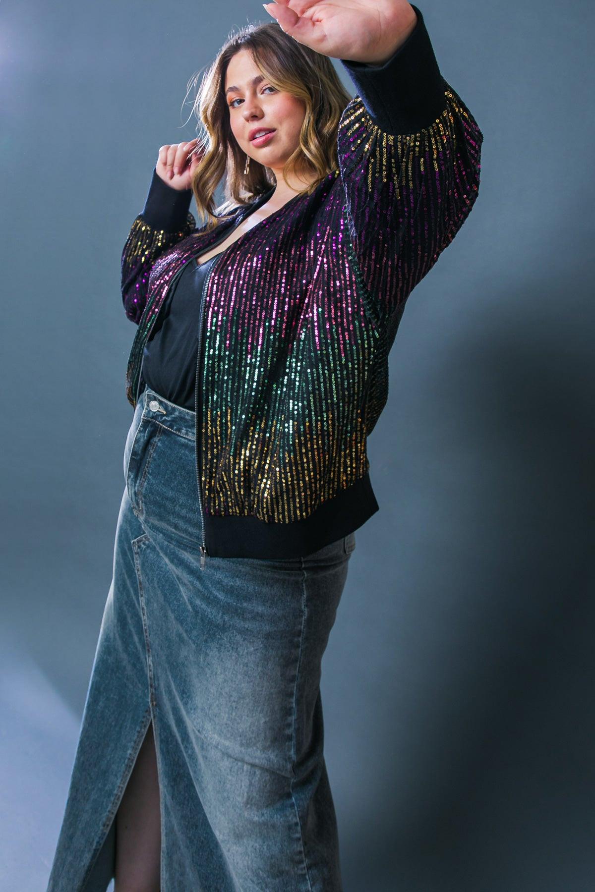 Entertain Me Sequins Bomber Jacket With Ribbed Collar And Zipper