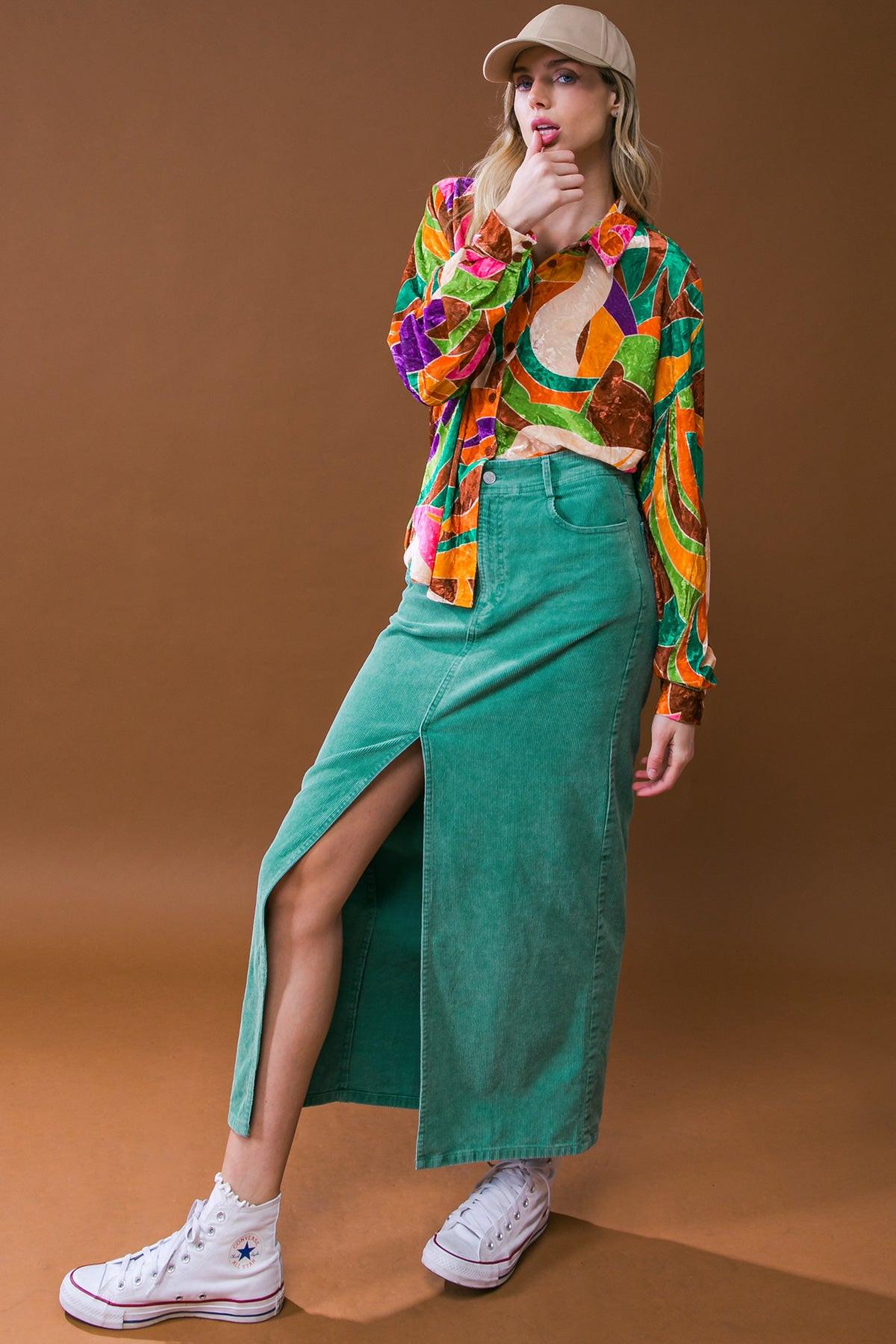 Corduroy Midi Skirt With Front Slit Front Closure And Pockets Classic Wash