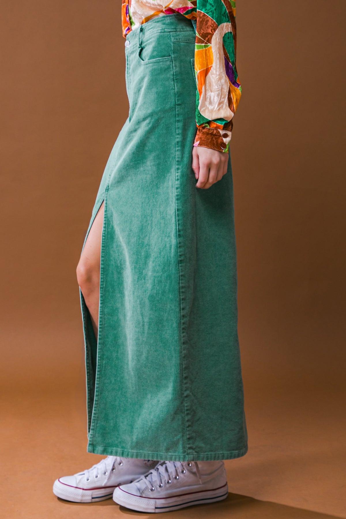 Corduroy Midi Skirt With Front Slit Front Closure And Pockets Classic Wash
