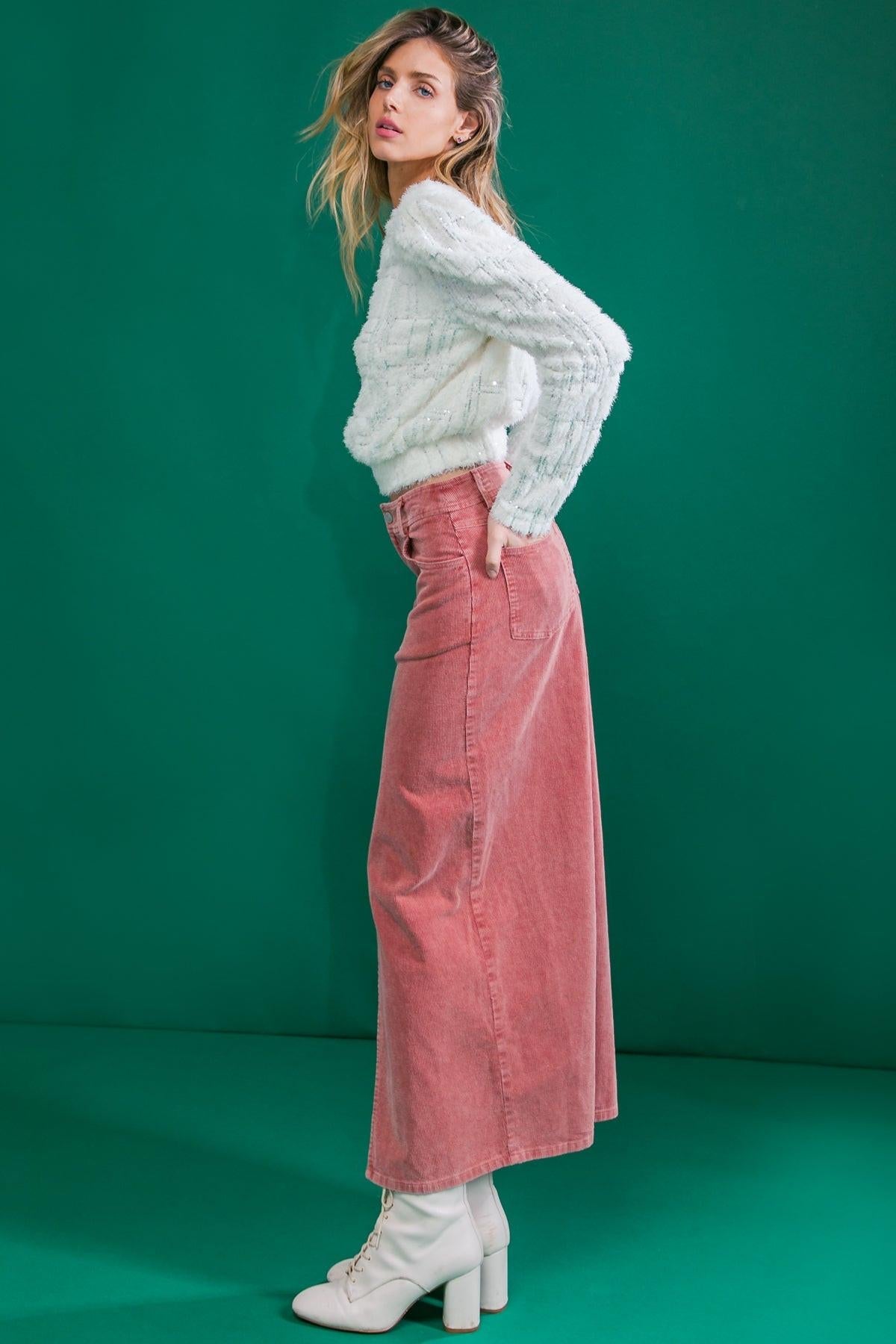 Corduroy Midi Skirt With Front Slit Front Closure And Pockets Classic Wash