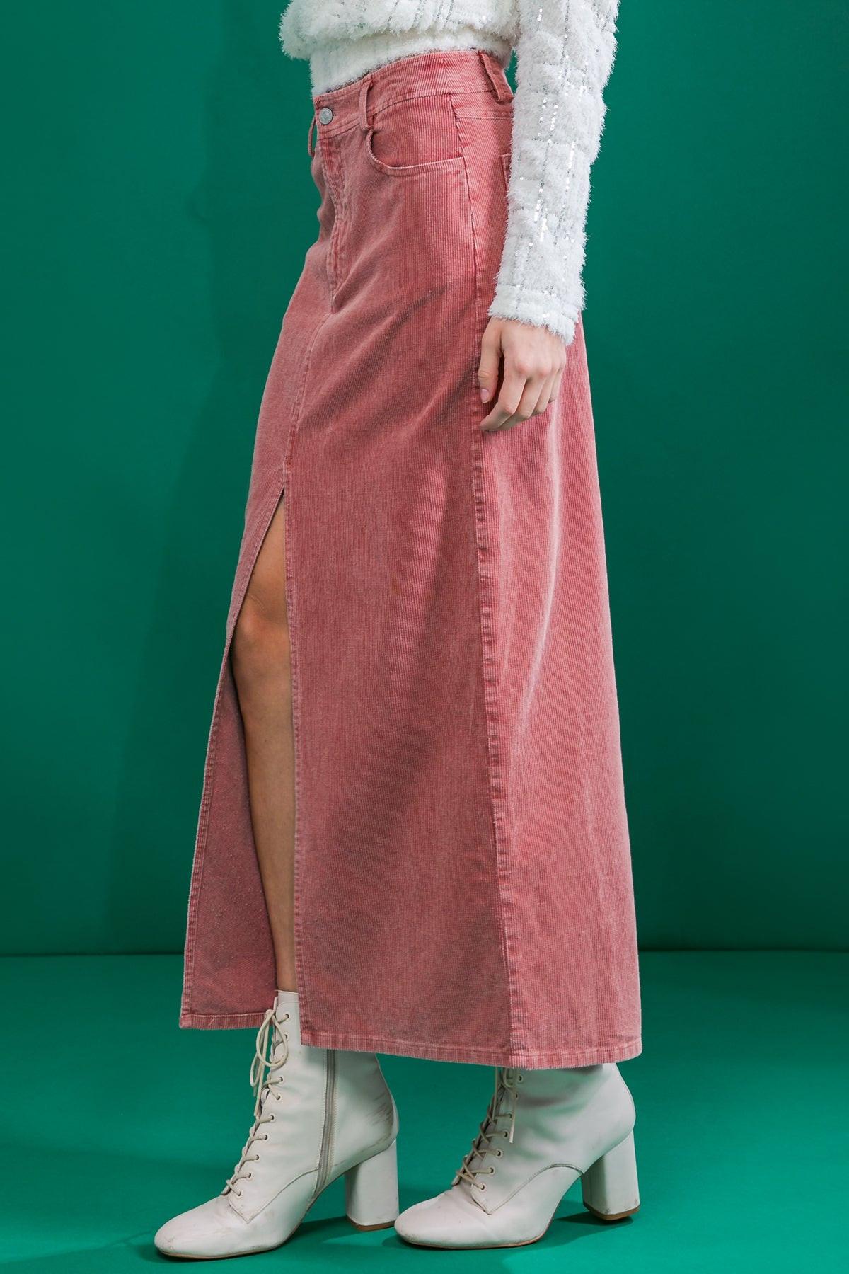 Corduroy Midi Skirt With Front Slit Front Closure And Pockets Classic Wash