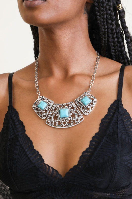Leto Collection silver filigree bib necklace with turquoise stones on model Boho Necklace, Boho Chic Jewelry, Spiritual