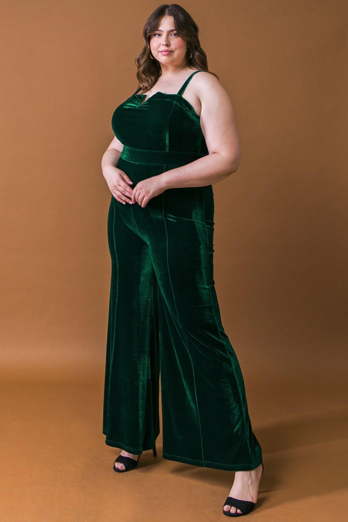 Blow A Kiss Velvet Jumpsuit With Front V Detail And Wide Leg