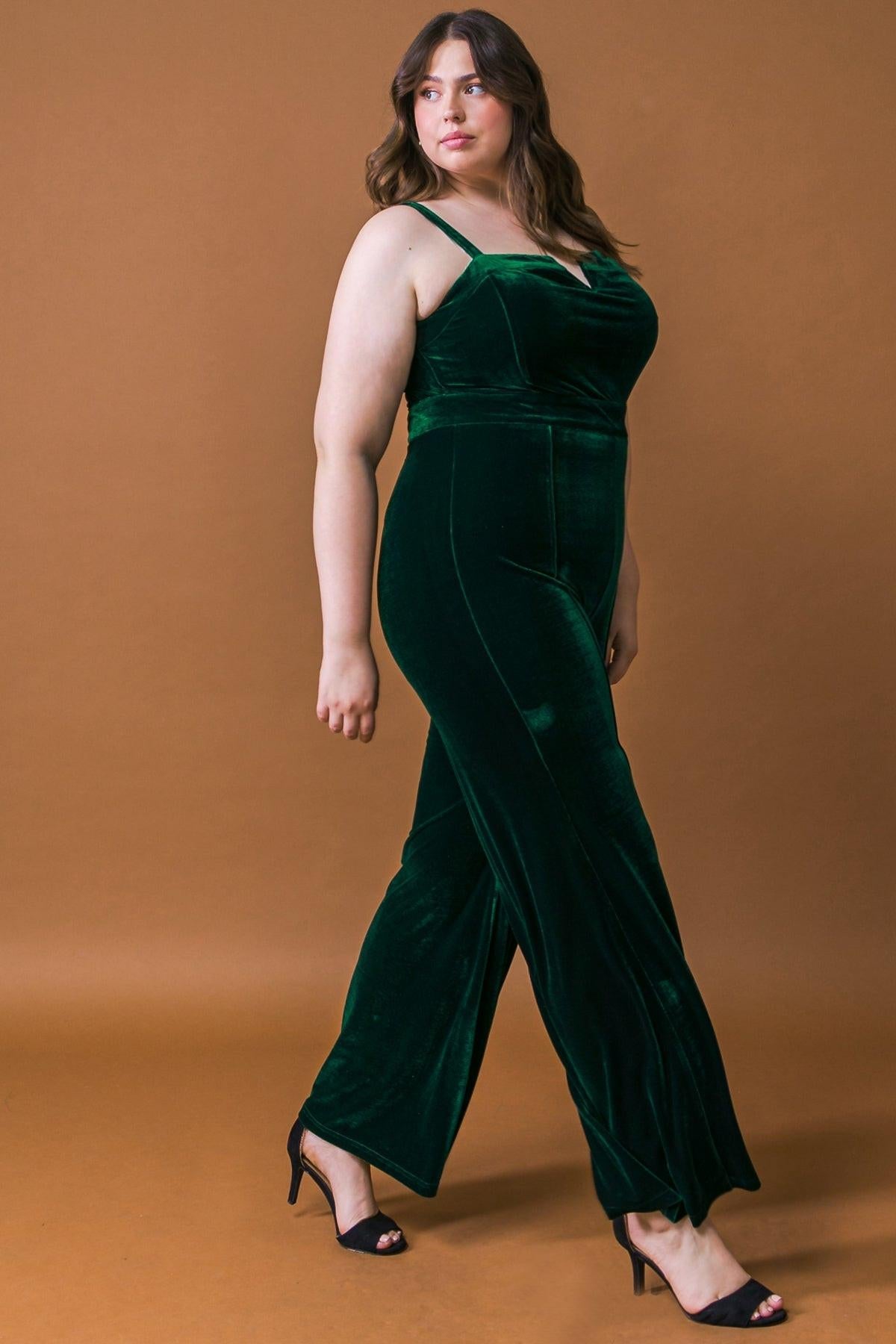 Blow A Kiss Velvet Jumpsuit With Front V Detail And Wide Leg