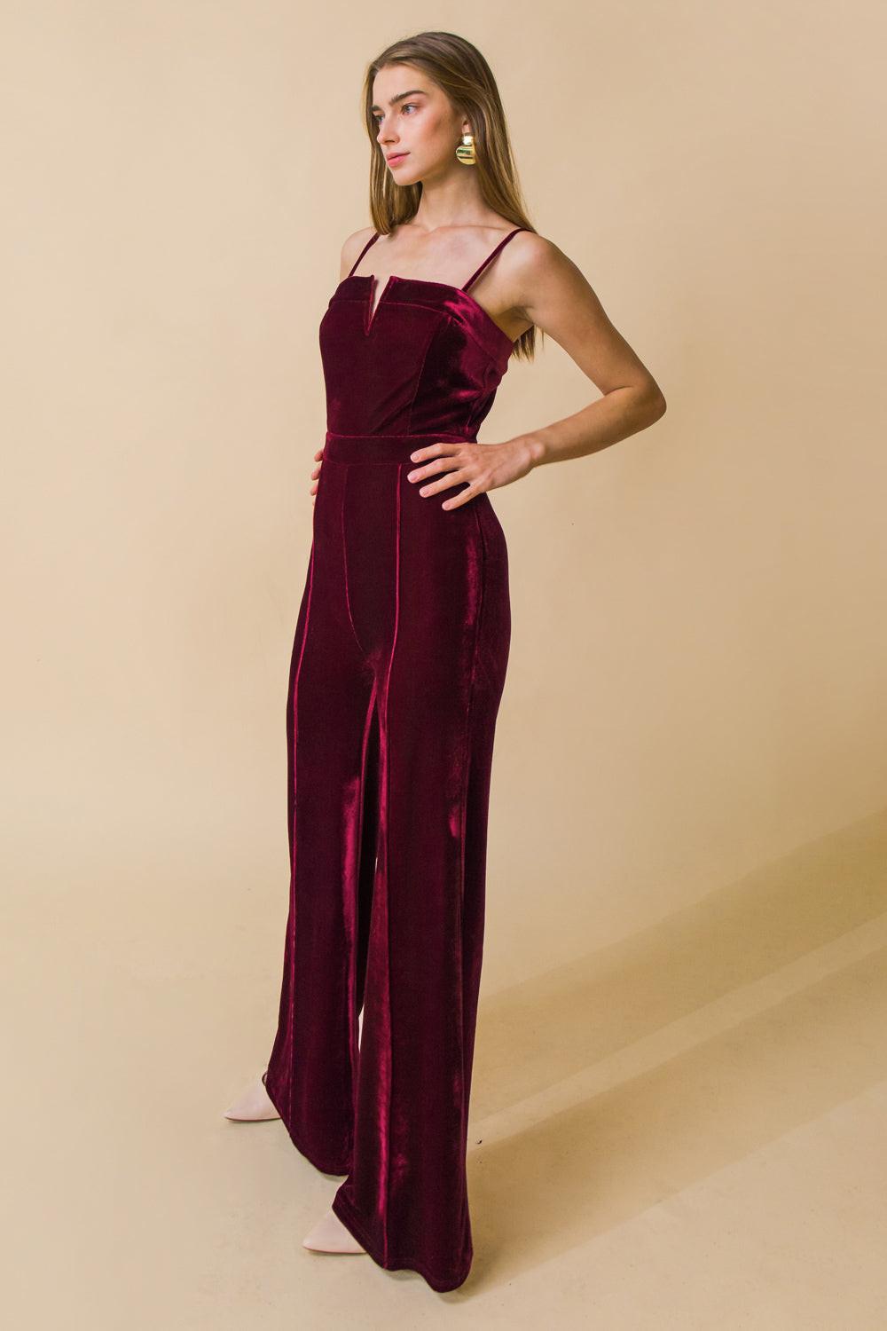 Blow A Kiss Velvet Jumpsuit With Front V Detail And Wide Leg