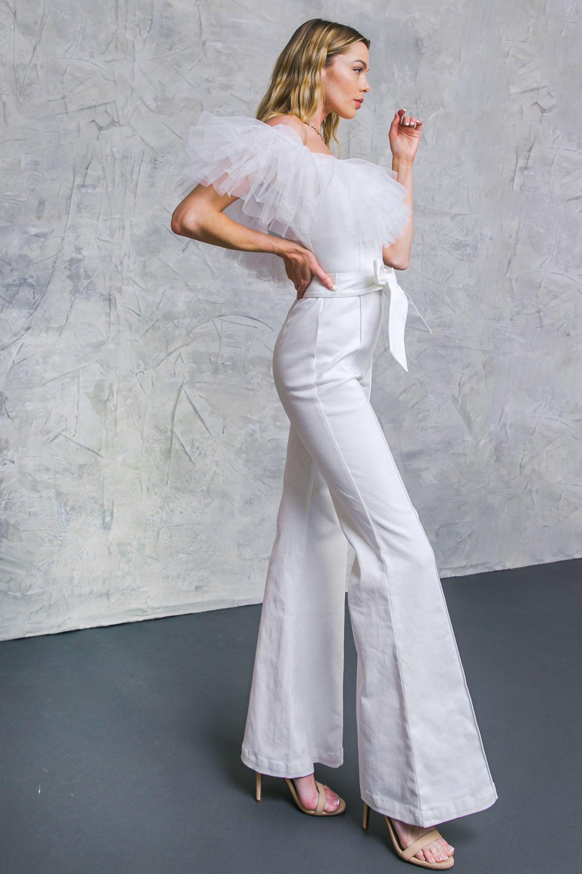 White Denim Jumpsuit With Off Shoulder Tulle Flounce Back Zipper Flare Pants