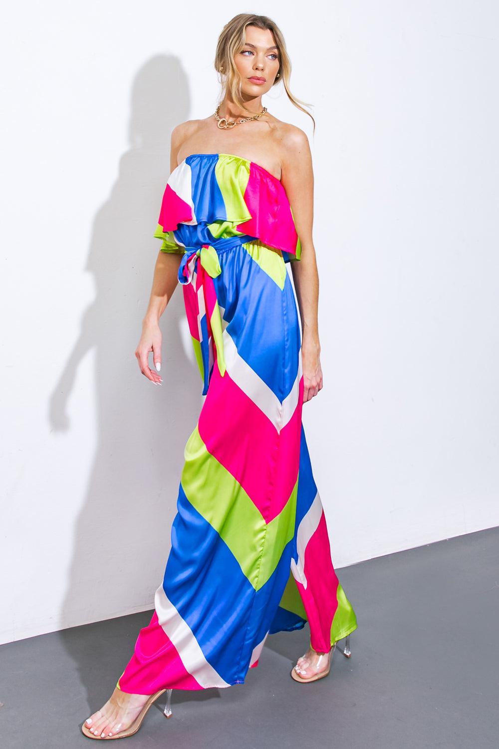 Broadwalk Dream Woven Jumpsuit With Flounce Neckline And Wide Leg